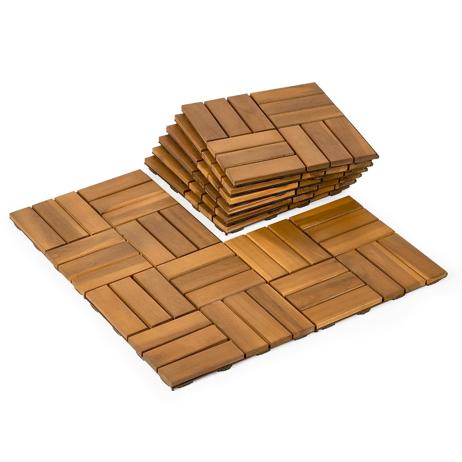 9 PCS Interlocking Deck Tiles 12" x 12", 12 Slats Outdoor Flooring Acacia Wood Patio Tiles, Waterproof Patio Flooring Decking for Balcony Backyard, Indoor and Outdoor Use