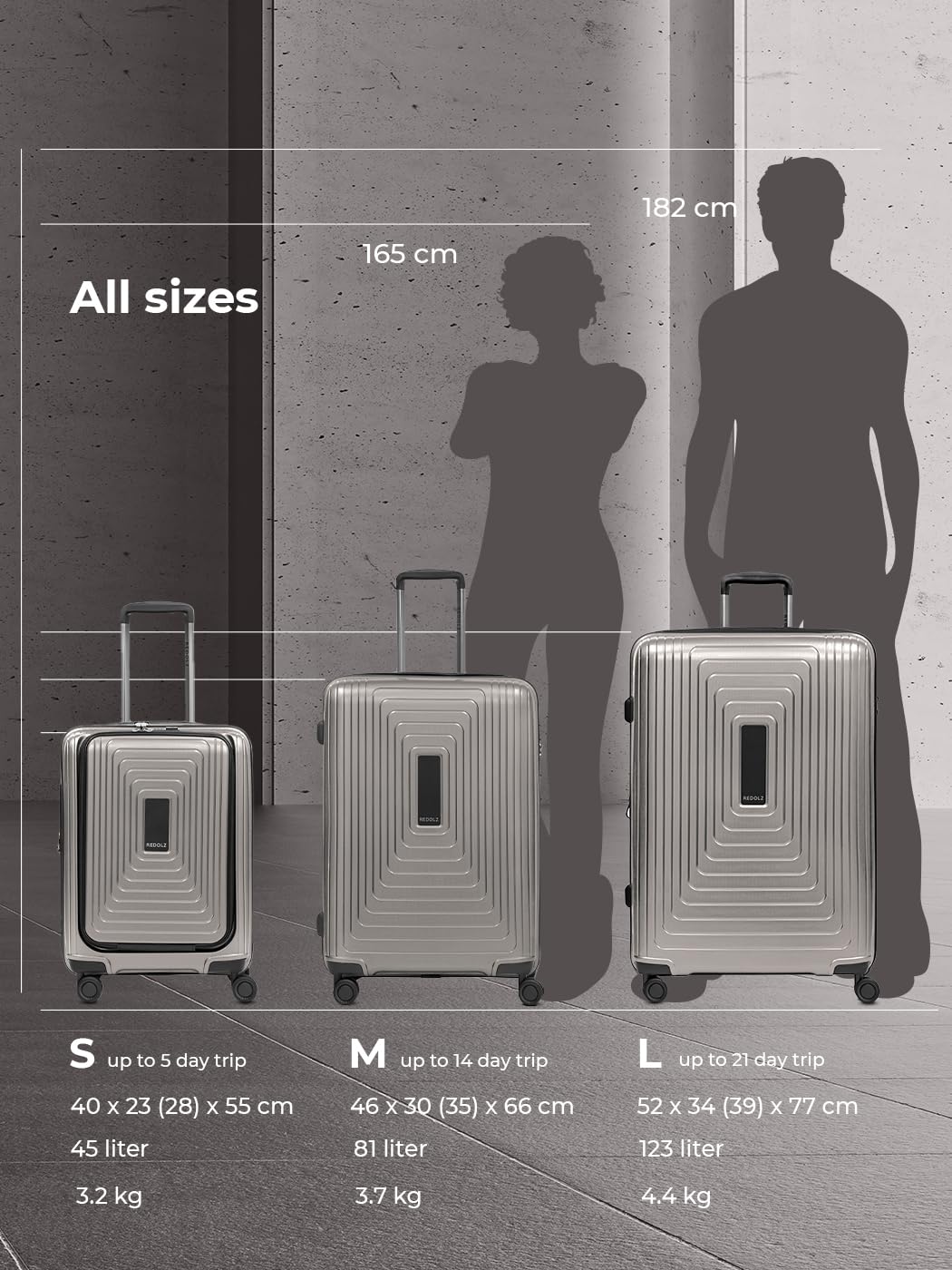 REDOLZ Hartschalen Check-in Koffer M erweiterbar | 46 x 30 x 66 cm, 82–97 Liter, 3,7 kg leicht, Polypropylen, Dehnfalte, Essentials 14