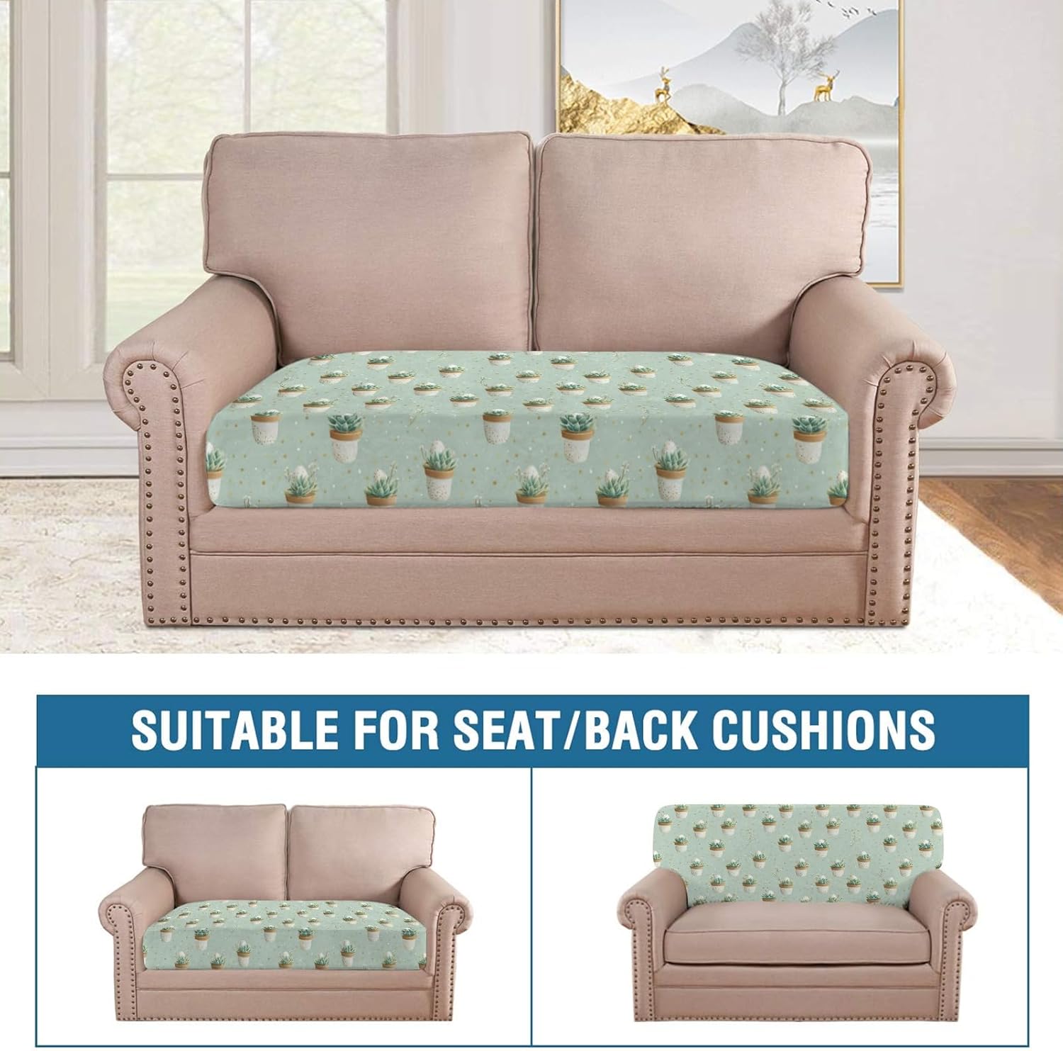 Succulent Easter Green Loveseat Covers Couch Covers for 2 Cushion Couch, 2-Piece Stretch Sofa Slipcovers Anti-Slip Washable Furniture Protectors for Dogs Pets