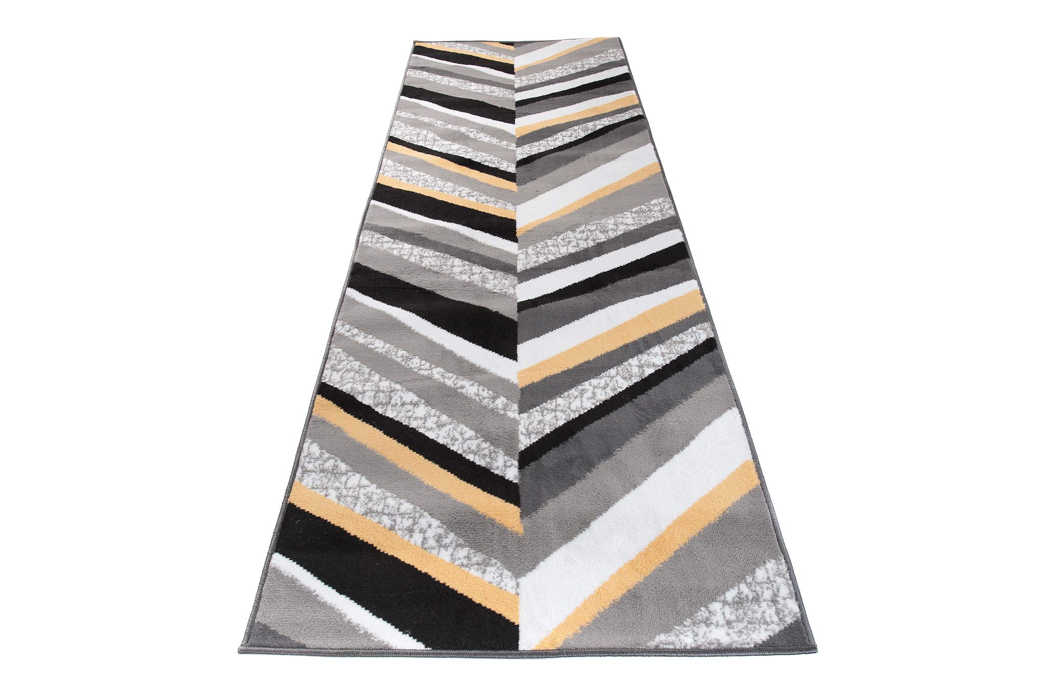 TAPISO Maya Teppich Läufer Meterware Kurzflor Flur Küche Brücke Wohnzimmer Modern Grau Weiß Gelb Schwarz Streifen ÖKOTEX 100 x 220 cm