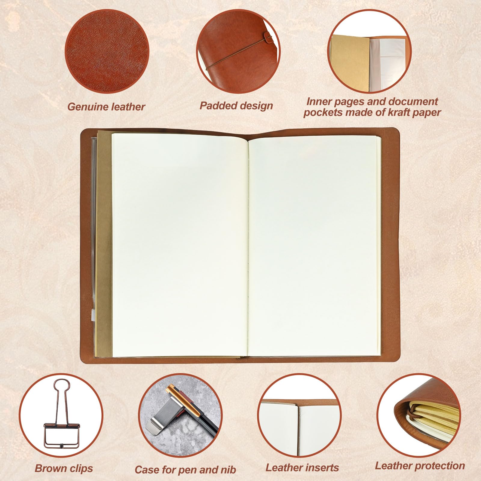 SIMDAO A6 Leather Notebook Journal Set, Travel Journal for Men Women, A6 Travelers Notebook with Blank Paper Kraft Inserts Pen Pen Clip Multi-function Pouch, Vintage Notebook, Gifts for Men Women - Image 2