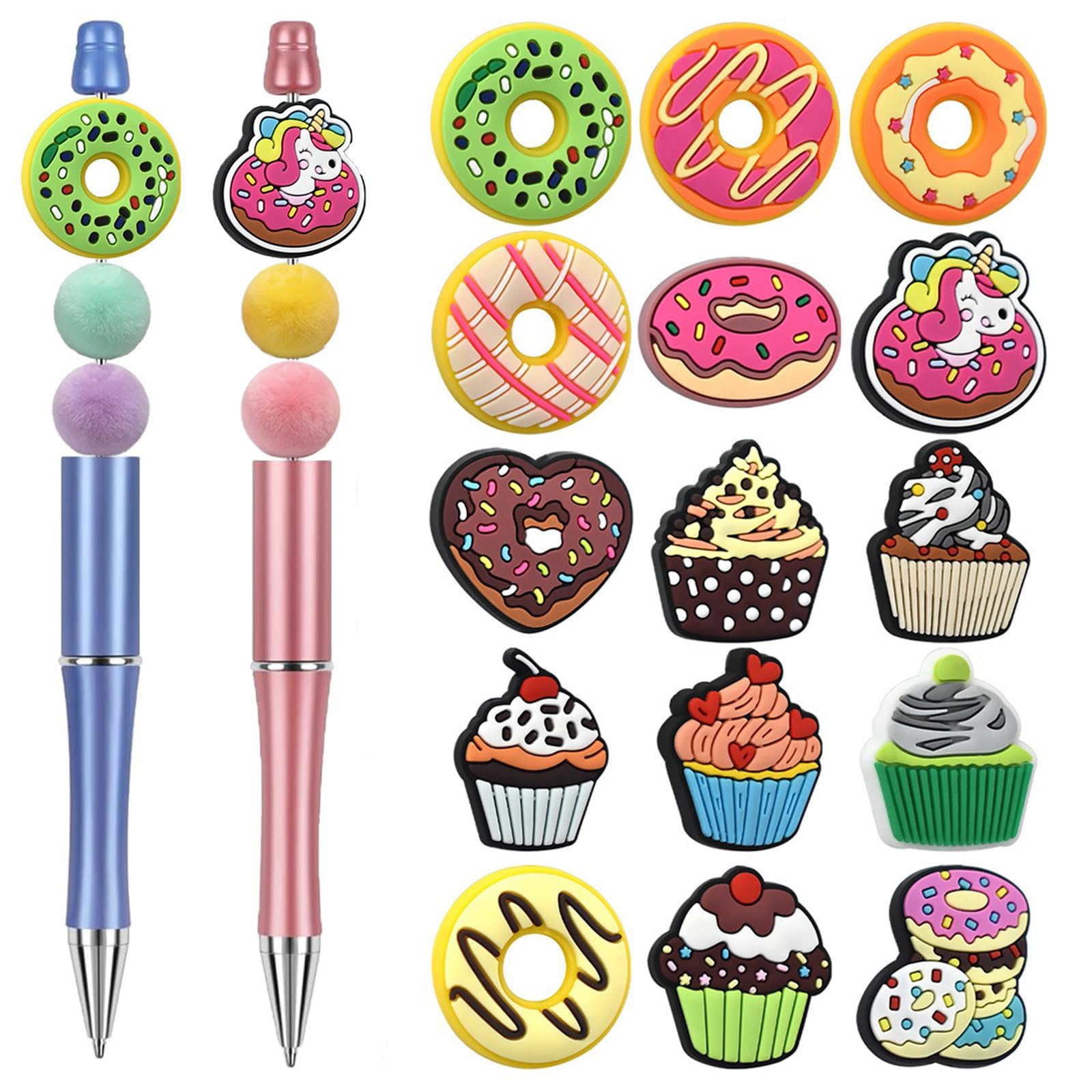 16pcs Donut Cake Silicone Beads for Pens PVC Focal Beads Bulk Cute Rubber Beads for Beadable Pen Making Focal Beads for Keychain Making Supplies