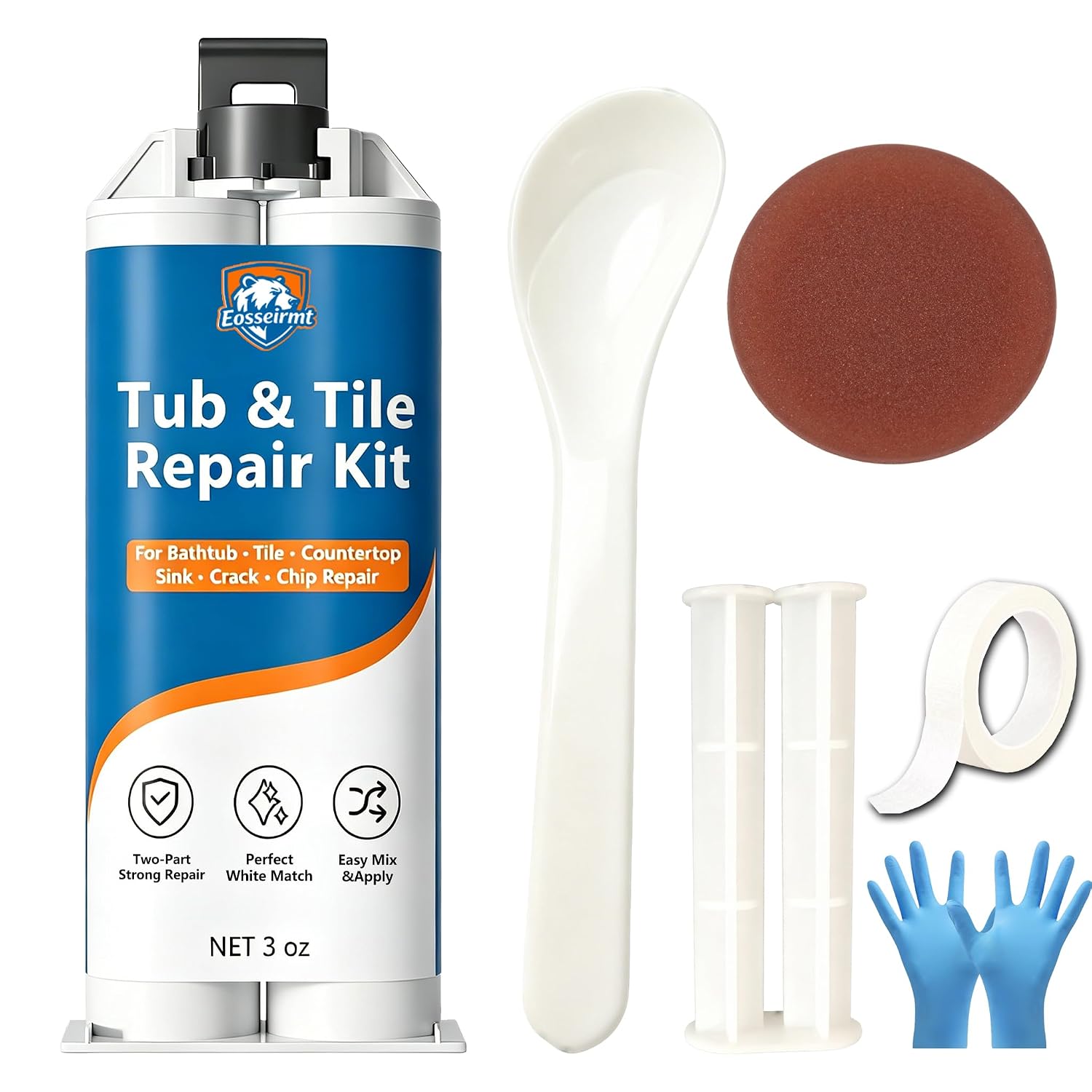 White Tub Repair Kit (3 oz) - Dual-Tube Fiberglass & Porcelain Sink Repair Kit, Bathtub Crack and Ceramic Tile Chip Filler with Tools, Brilliant White