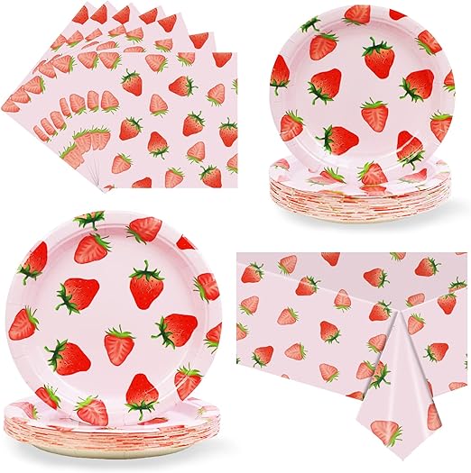 Strawberry Party Tableware Set,Strawberry Birthday Decoration,Summer Fruit Party Supplies Paper Plates Napkins Tablecloth for 25 Guests Great for Birthday Summer Fruit 1st