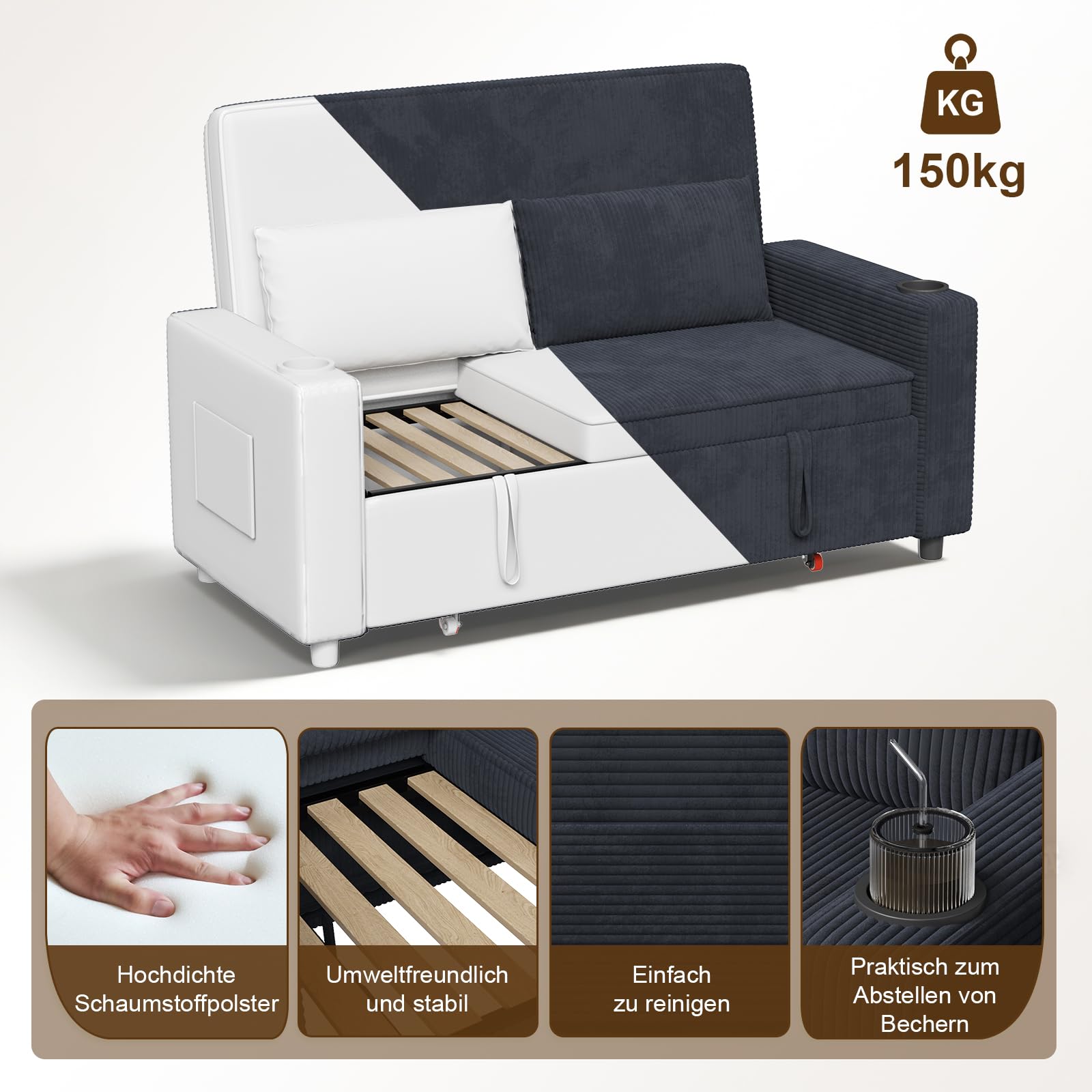 Devoko 2-Sitzer Schlafsofa 140 cm breit, Modernes Sofa mit Schlaffunktion, Ausziehbare Schlafcouch mit Verstellbarer Rückenlehne, Platzsparendes Klappsofa für Wohnzimmer, Blauschwarz