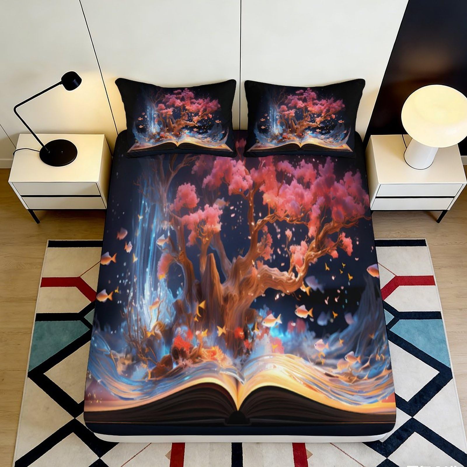 3D Printed Fantasy Tree Book Fitted Sheet Microfiber Deep Pocket Non-Slip Fantasy Tree Mattress Fitted Cover for Bedroom 90x200x25cm