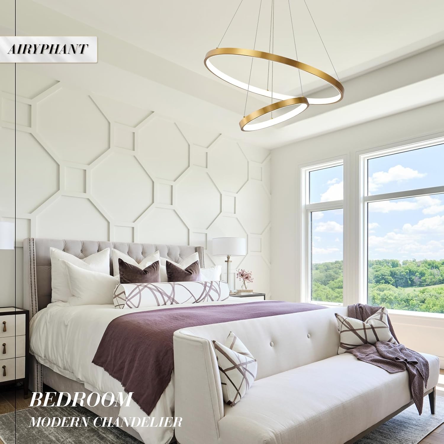 Gold LED Ring Chandeliers Modern 2-Ring Chandelier Dimmable Flush Mount Pendant Light Fixture Remote Control Contemporary Pendant Chandelier for Dining Room Bedroom Foyer (23.6"+11.8")