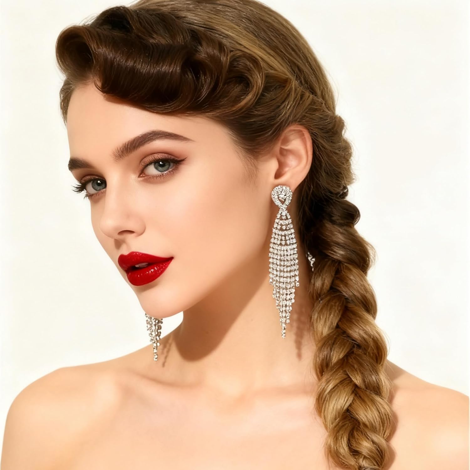 Rhinestone Earrings Dangling for Women Sparkly Silver Dangle Earrings Girls Long Chandelier Earrings Tassel Lightweight Ear Studs Cubic Zirconia (KE001S-W) - Image 4