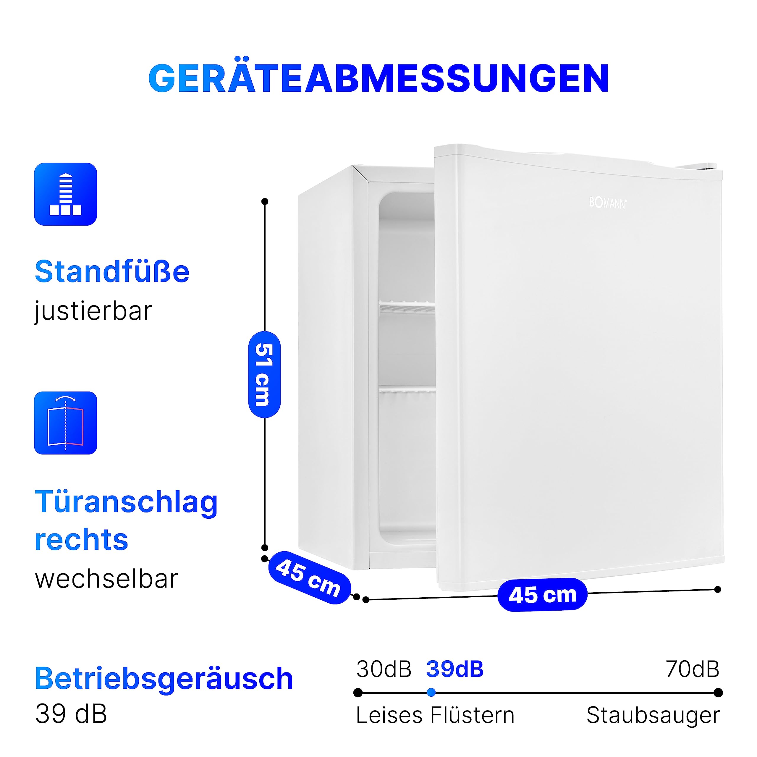 Bomann® Mini Kühlschrank 42 Liter | Getränkekühlschrank klein für Büro, Camping und Gaming | kleiner Kühlschrank leise 39 dB | Minibar mit wechselbarem Türanschlag | 51x45x45 cm | KB 7346 weiß
