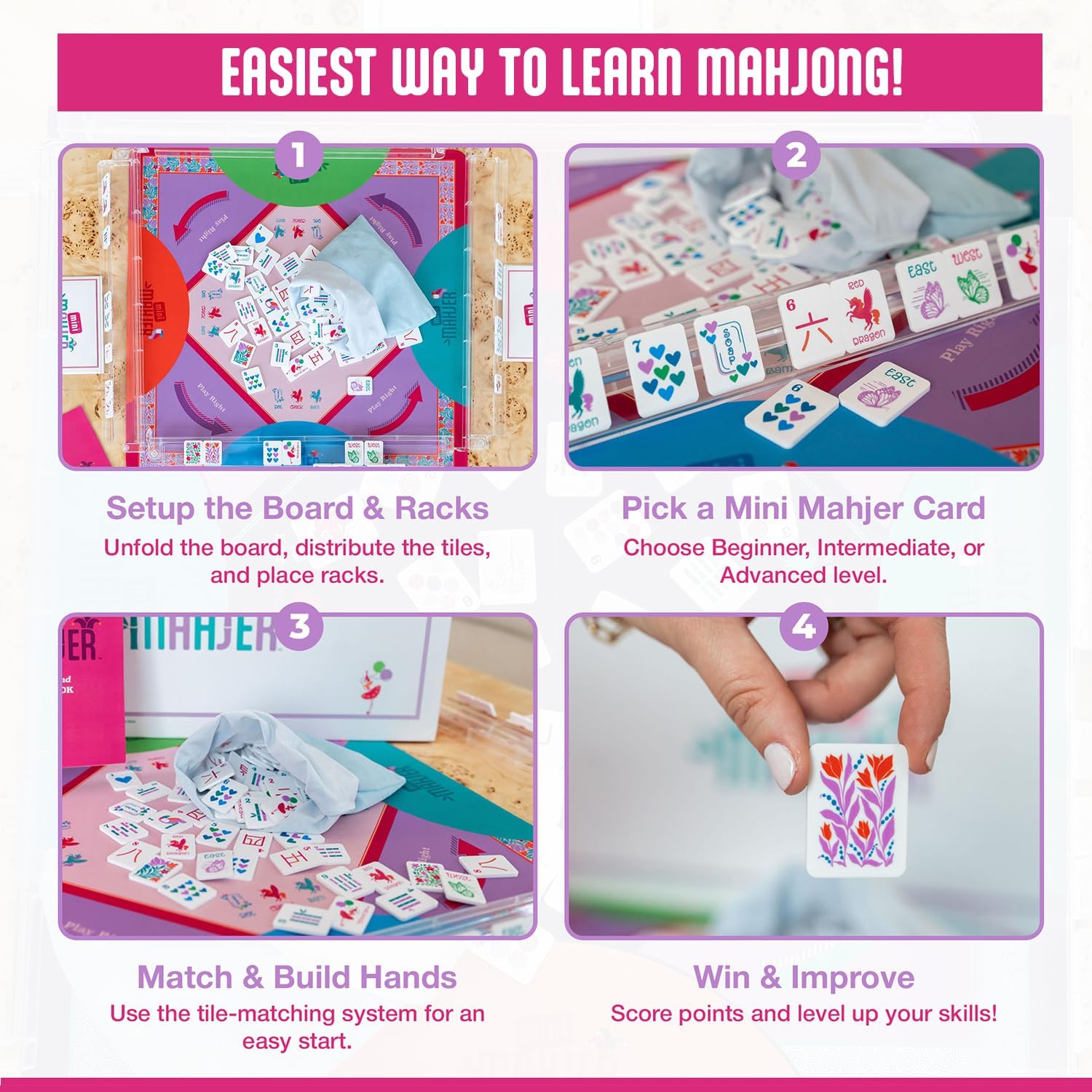 Mini Mahjer Mahjong for Beginners & Families | American Mahjong Starter Set, Learn to Play with Tiles, Racks Neoprene Mat, & Guide - (Rackin Rosie Edition)