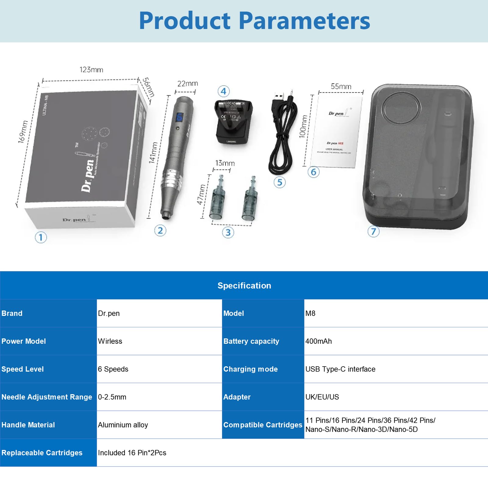 Dr.pen Microneedling Ultima M8, Penna Professionale Micro Derma Wireless con 2Pz 16 Aghi, Kit di Cura della Pelle Magica per Rughe, Smagliature, Cicatrici e Trattamento della Perdita dei Capelli