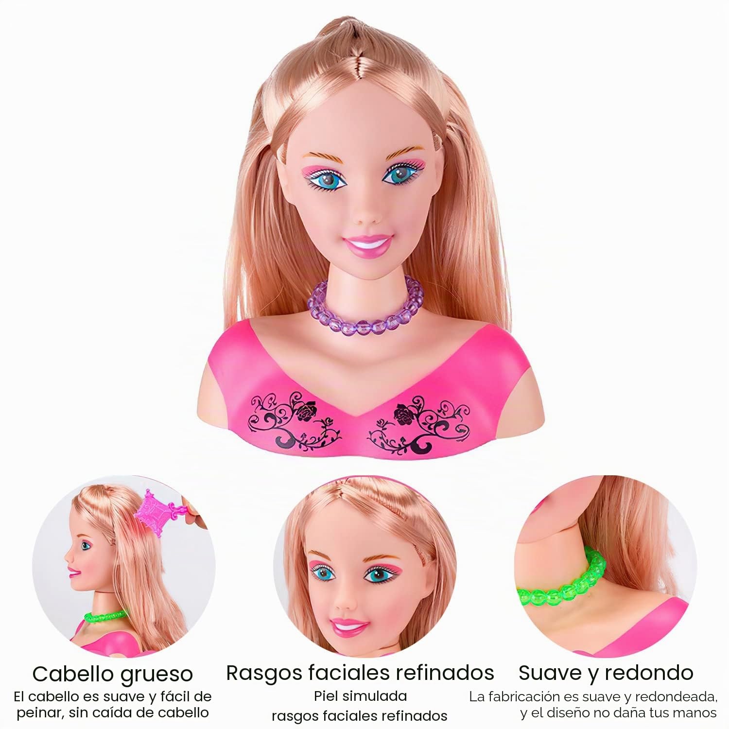 Cabeza para peinar, 35 cabezas para peinar y maquillar, juguete para niñas de 1 a 9 años, cabeza de estilo de muñeca para peinado del cabello (Rosa), Tete a coiffer