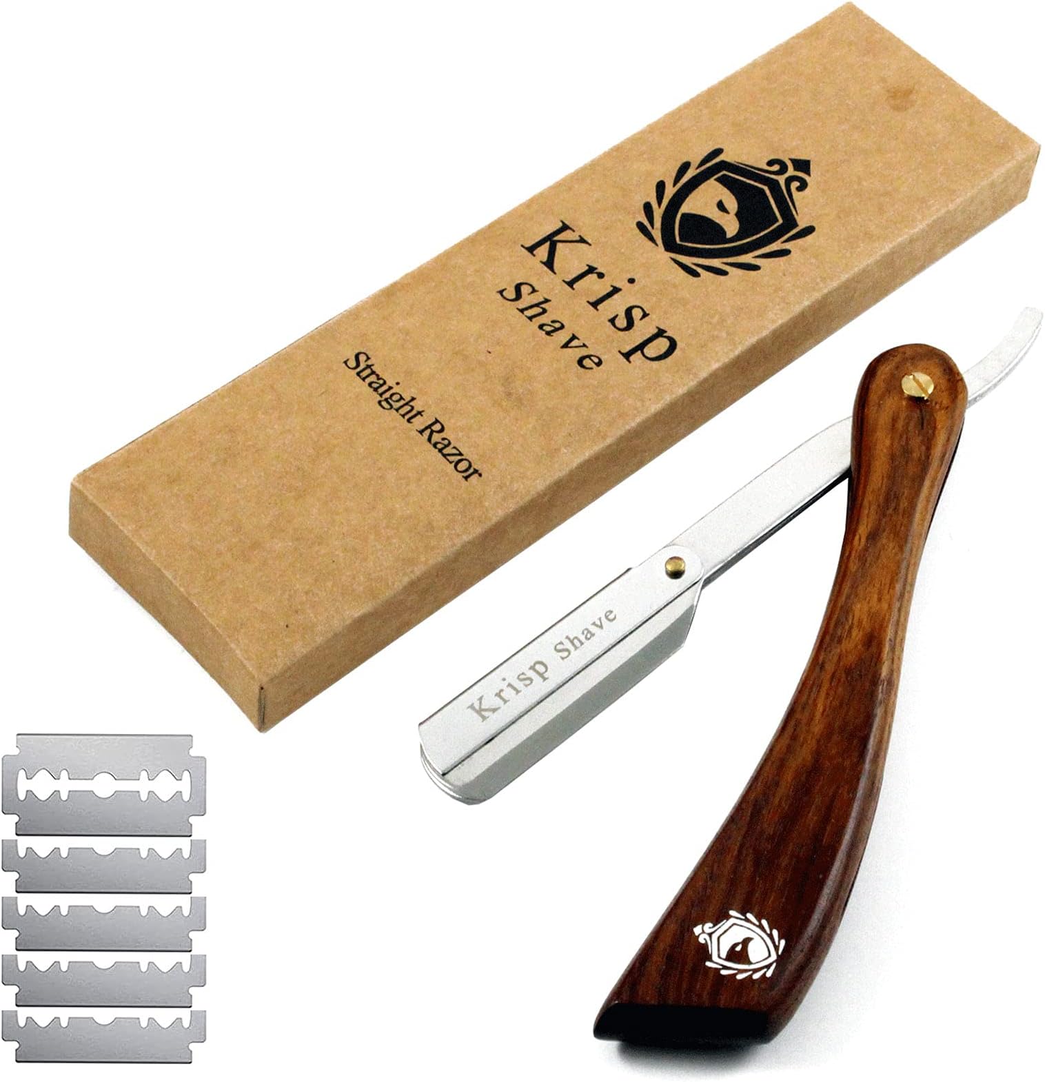 Professional Straight Edge Shaving Razor Safety - Krisp Beauty Natural Wood Handle Wet Shave Manual Shavette Razor For Men Barber Salon Quality Stainless Steel with 5 Double Edge Shaving Blades