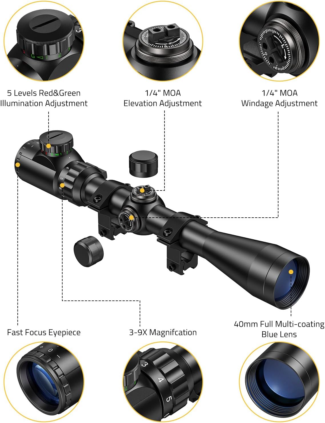 CVLIFE 3-9x40 Rifle Scope, Red & Green Illuminated Optical Riflescope, 1 inch Tube Scope for Hunting with Mounts