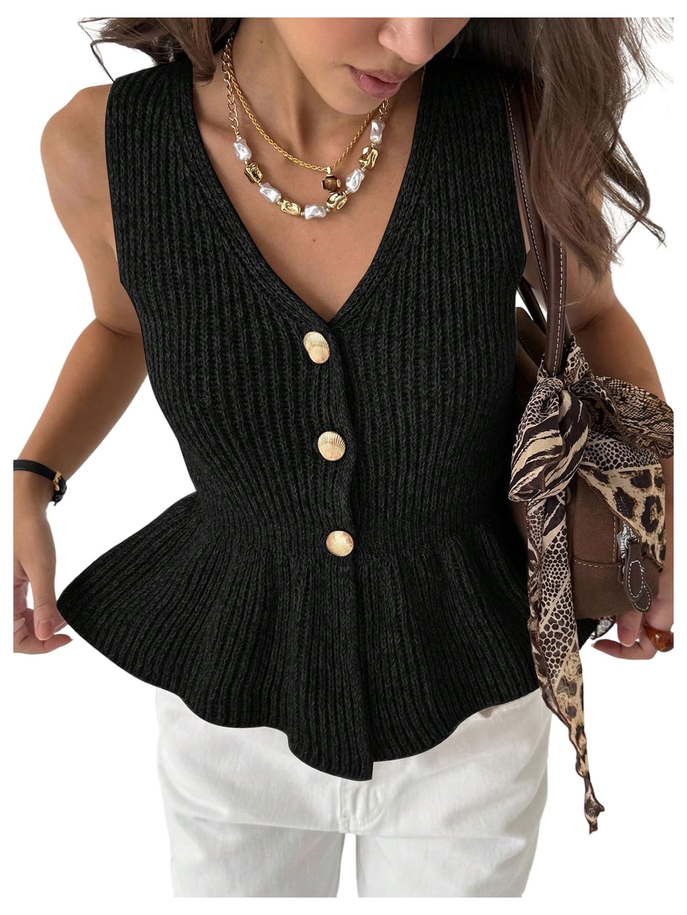 Milumia Womens Sleeveless Button Down V Neck Vest Sweater Ruffle Hem Knitted Elegant Tank Tops