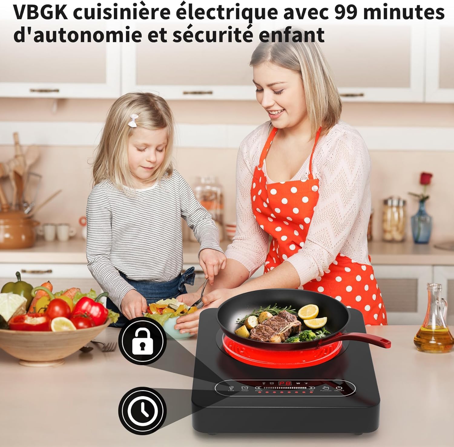 Plaque Vitrocéramique 1 Feu 2000W Tables de Cuisson Portable avec Minuterie 8 Niveaux de Puissance 220V-240V