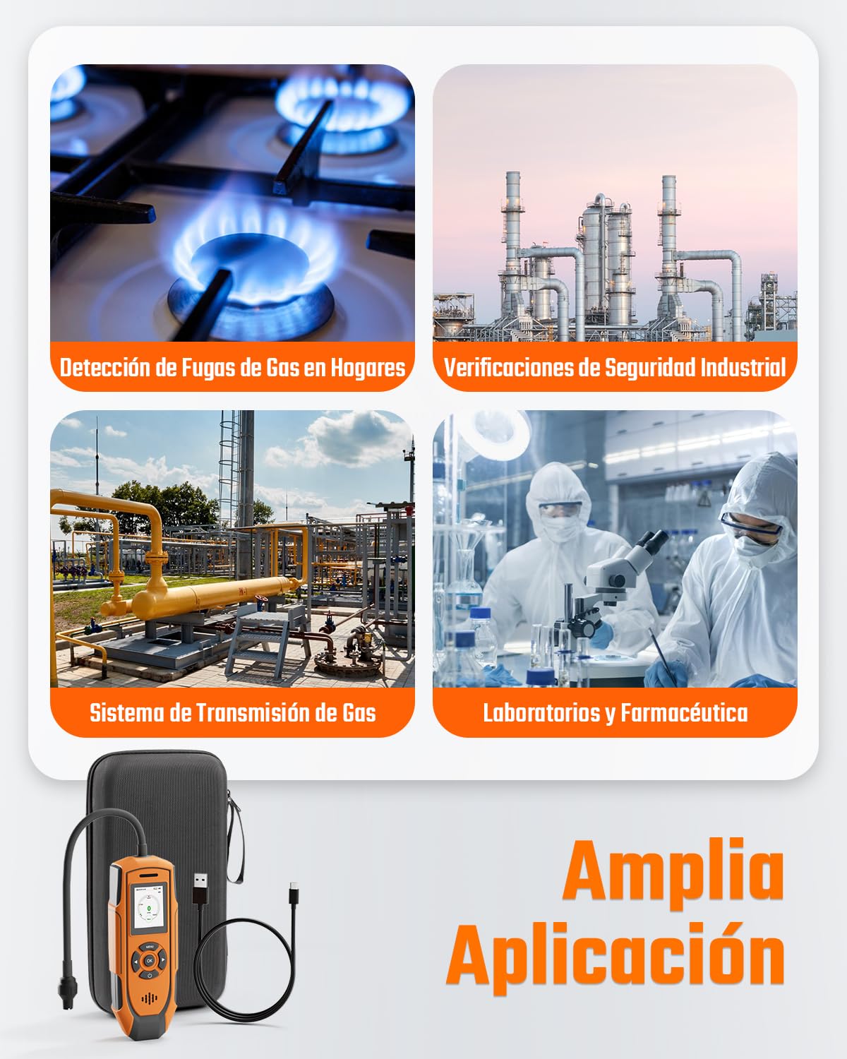 TopTes Detector De Gas Recargable PT-990 con Sonda Flexible de 28 cm, Rango de Detección 0–10,000 ppm, Registro de Datos y 3 Tipos de Alarma, Detector de Fugas de Gas para Propano, Metano - Naranja