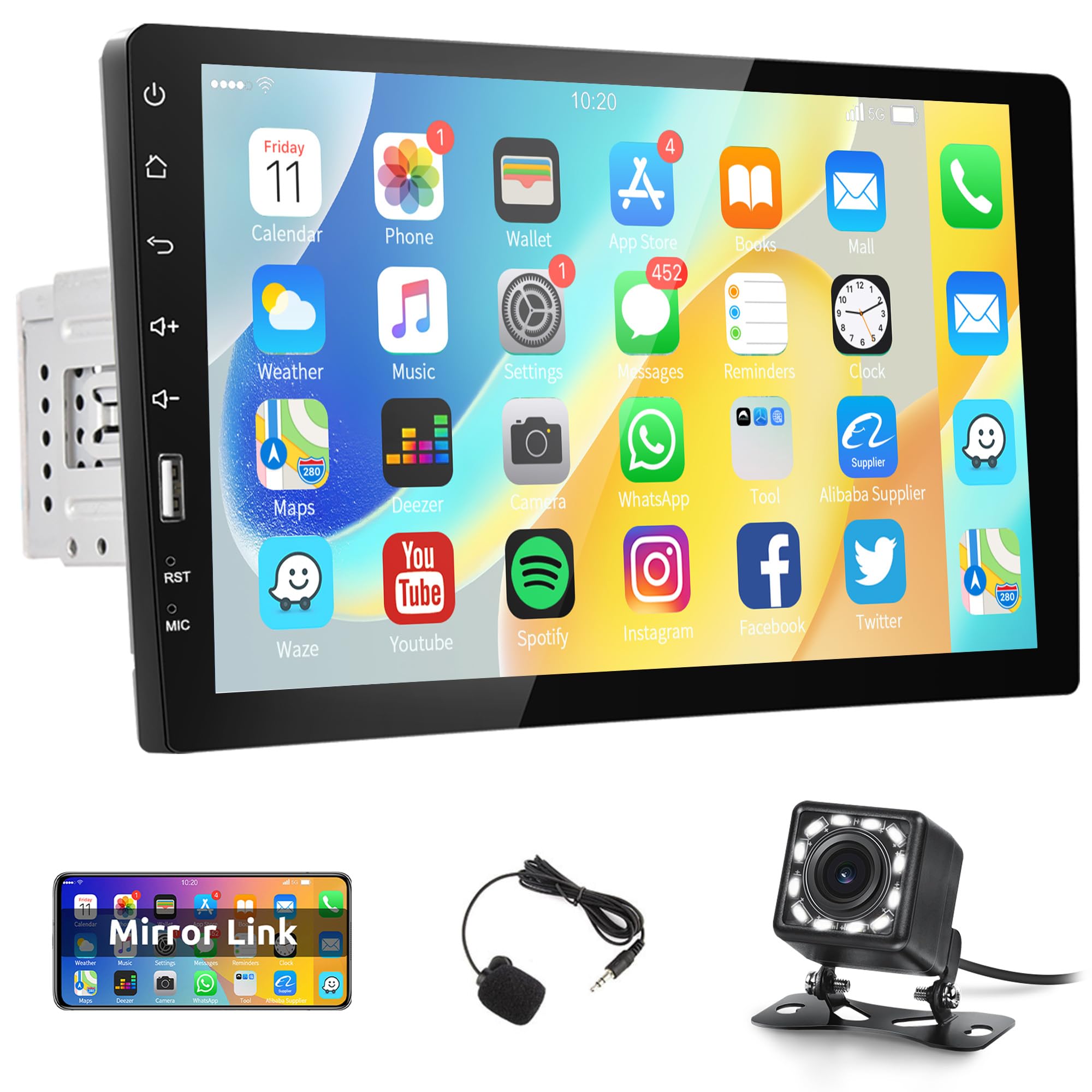 Rimoody Radio de Coche 1 DIN con Manos Libres Bluetooth, 9 Pulgadas Pantalla Táctil Radio Coche con iOS/Android Mirror Link Bluetooth FM EQ USB Controles del Volante 12LED Cámara Trasera Micrófono