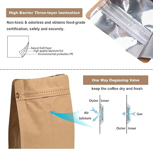 Miniatura 4 de 100 bolsas de café de papel kraft de 12 onzas, papel kraft de alta barrera y forro de aluminio, bolsas de café de fondo plano con válvula de