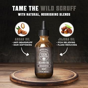 Viking Revolution - Beard Oil - All Natural Variety Beard Oil For Men With Argan & Jojoba Oils - Softens, Smooths & Strengthens - Gifts For Men - Unscented - 30 ml