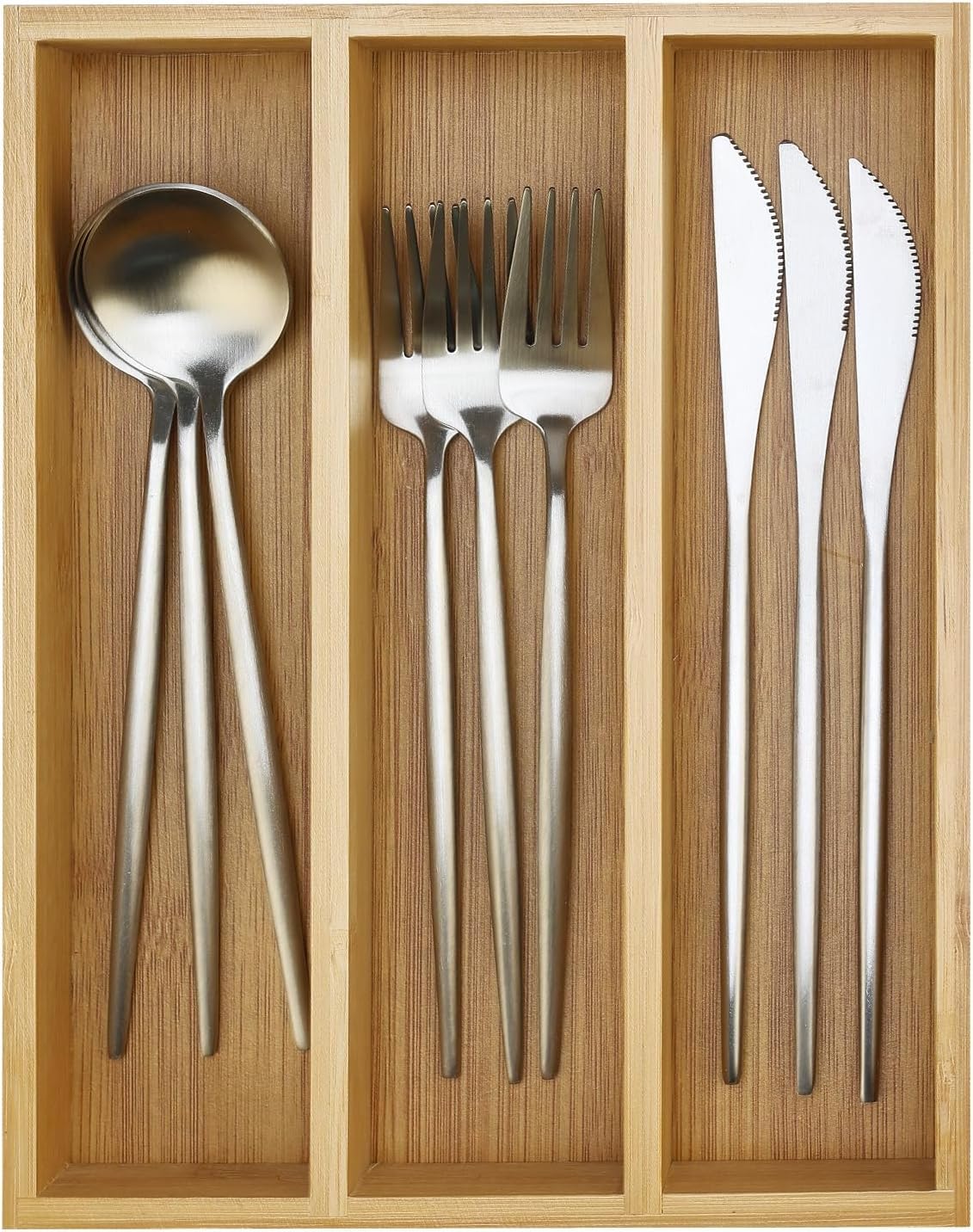 Small Drawer Organizer for Kitchen Utensils, Bamboo Cutlery Tray, Slim Cutlery Organizer for Drawer, Spoon Fork Knife Holder, Expandable Cutlery Storage Tray for Kitchen Drawer Organisation (Wood)