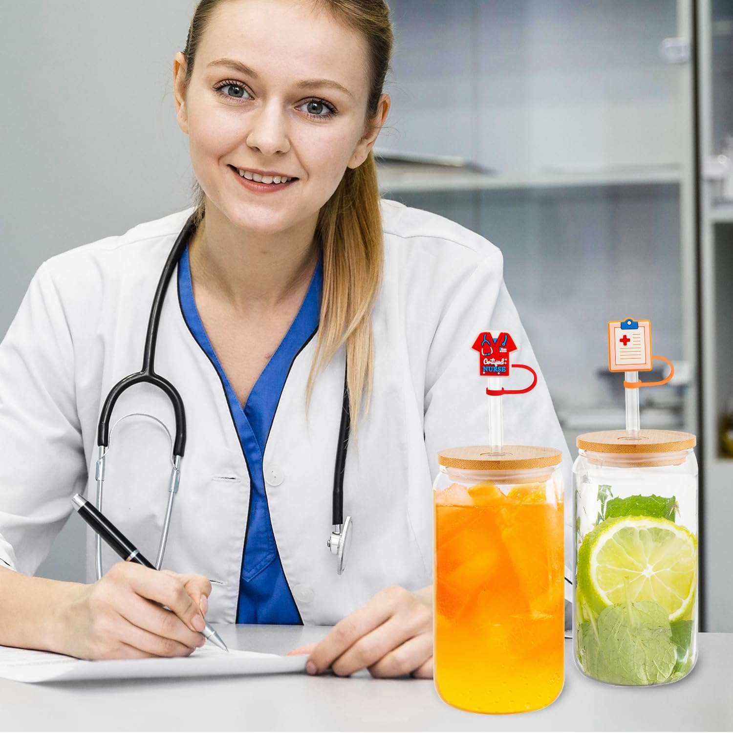 24 Pcs Nurse Straw Toppers, 9-10mm Silicone Nursing Straw Covers for Tumblers, Cute Reusable Spill Proof Dust Proof Medical Theme Water Bottle Straws Tip Covers for Drinking Straws - Image 2