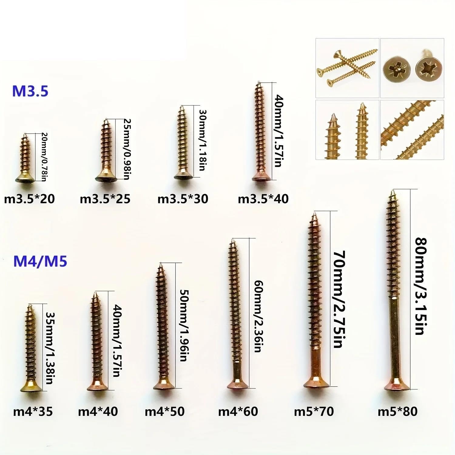 Kit tornillos madera M3.5 M4 M5 zincado color