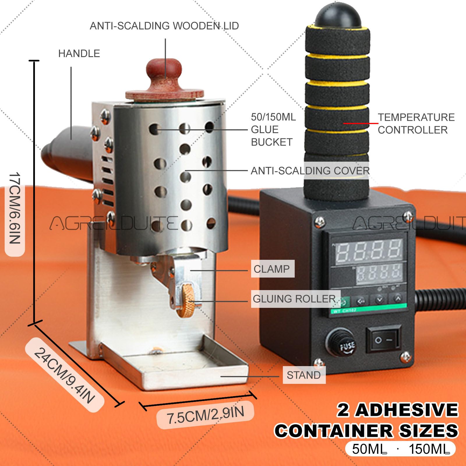 Rullo Per Colla A Caldo Commerciale Da 150w, Erogatore Per Colla A Caldo A Pressione Manuale, Temperatura Regolabile (122-572 °F) |Disponibili Contenitori Per Colla Da 50 O 150 Ml 50ml-1cm
