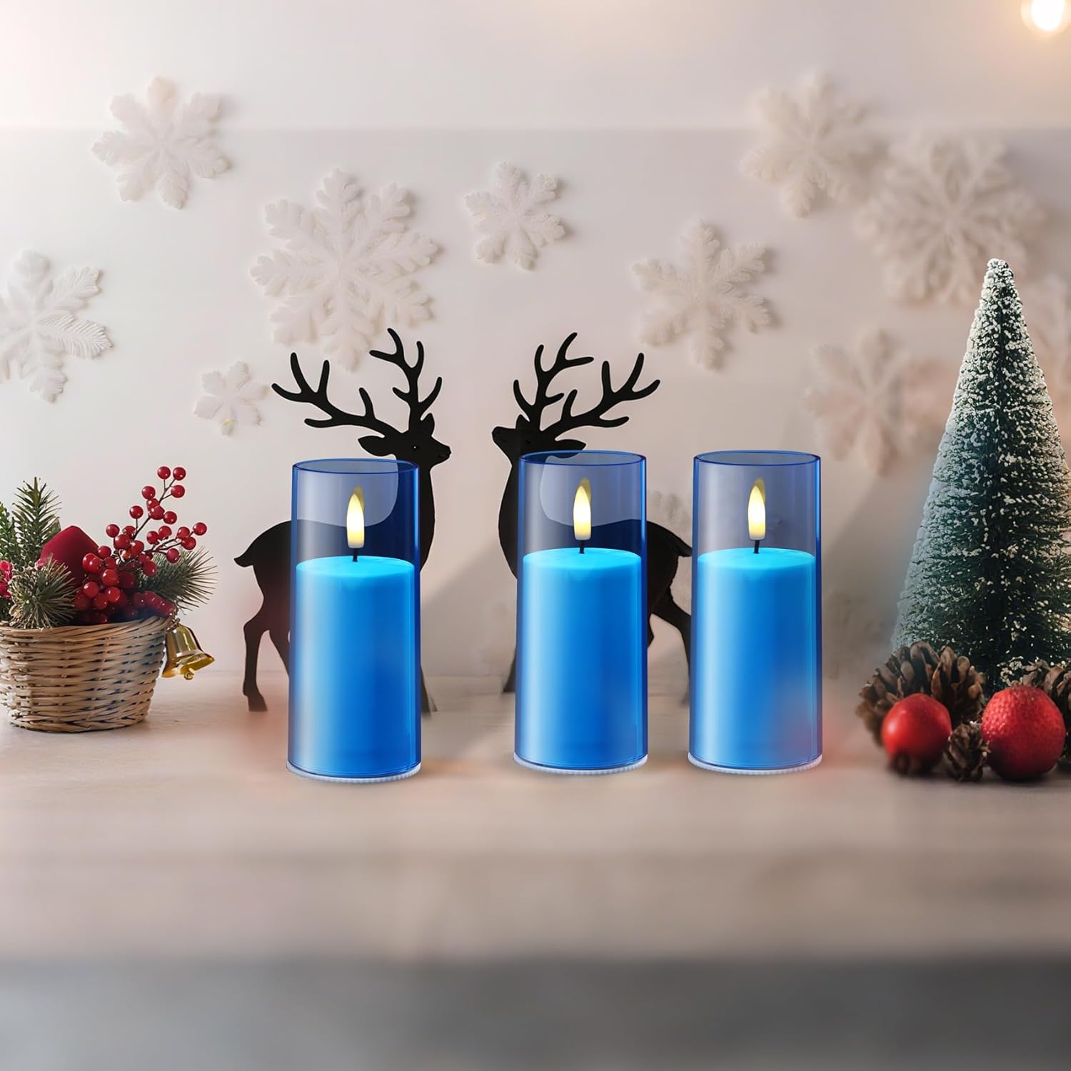 Battery Operated Candles Realistic Flickering Flameless Candles with Remote and Timer, Blue Acrylic LED Flameless Pillar Candles for Home, Wedding, Party, Holiday, 2" X 5", 2 Pack
