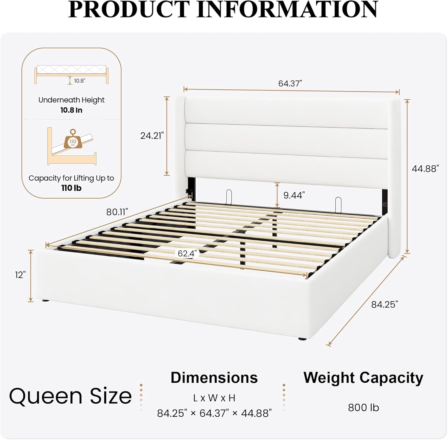 SHA CERLIN Queen Size Lift Up Storage Bed/Velvet Upholstered/Modern Wingback Headboard/Upholstered Platform Bed Frame/Hydraulic Storage/No Box Spring Needed/White