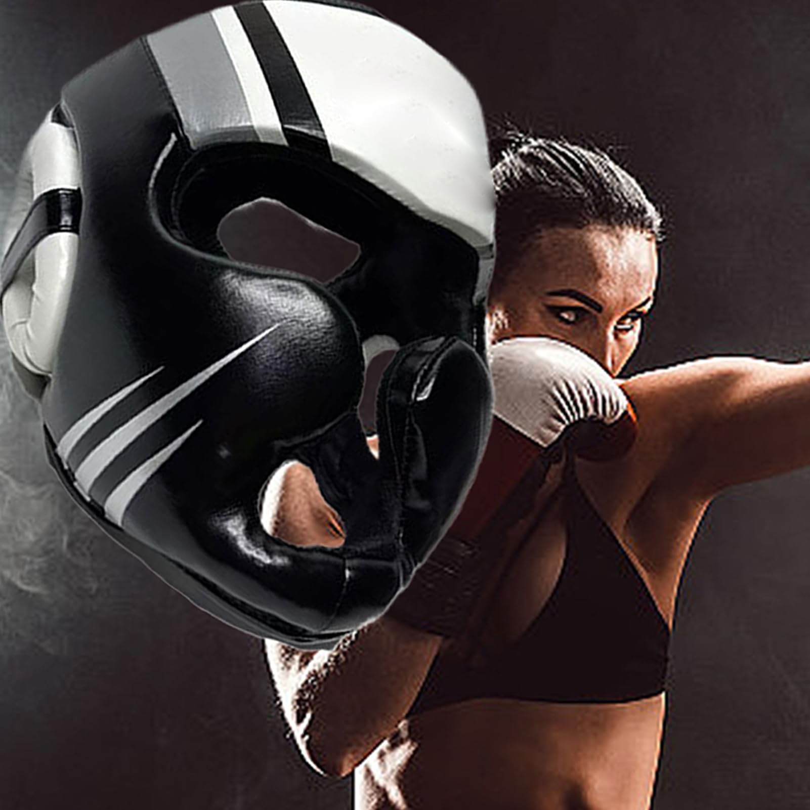 Kask bokserski, kick-boxing kask pełnotwarzowy - lekki sprzęt ochronny, amortyzujący ochraniacz głowy do sztuk walki bokserskiej
