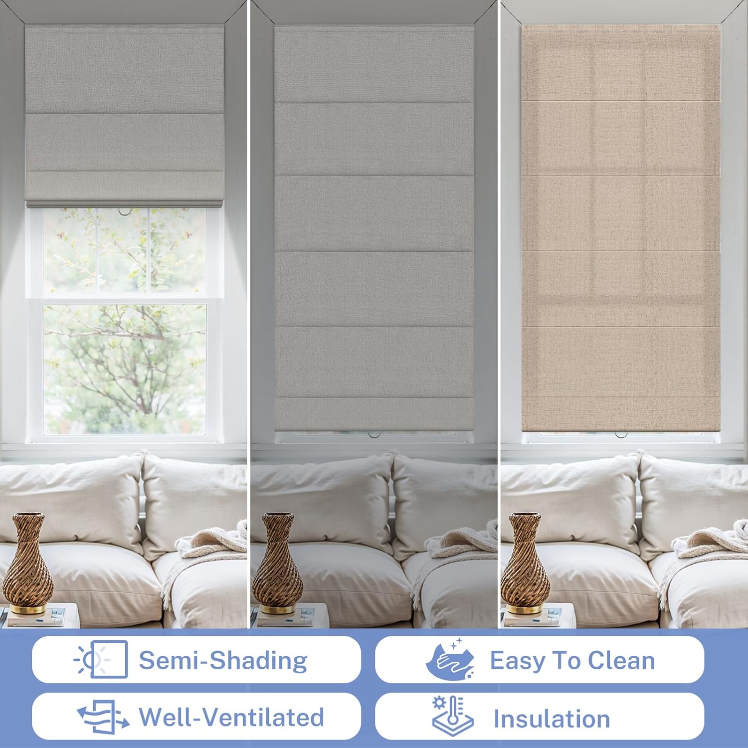 UrMoon No Drill No Tools Roman Shades for Windows, Cordless Fabric Roman Windows Blinds for Home, Easy to Install, Blackout Dark Blue, Customized