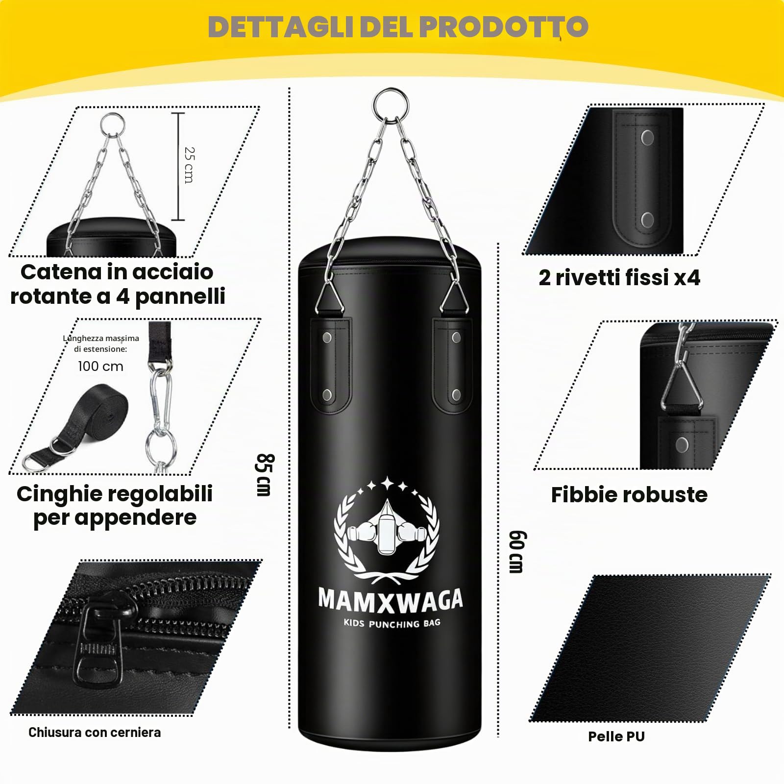 Sacco da Boxe per Bambini Vuoto, 60cm PU Sacco da Boxe Appeso con 6oz Guantoni da boxe, Pugilato Set per Giovanile 3 4 5 6 7 8 9 10 11 12 Anni