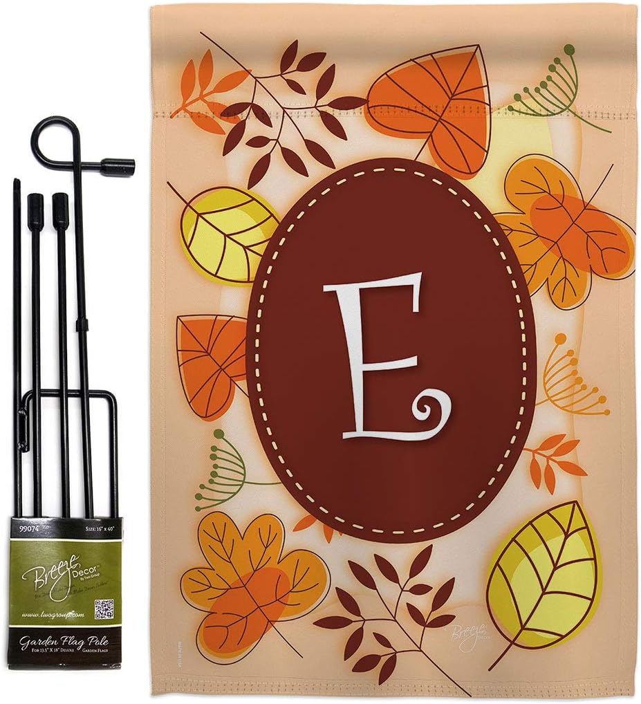 Autumn E Initial Garden Flag Set with Stand Monogram Falltime Harvest Scarecrow Pumkins Sunflower Leaves Season Autumntime Gathering Small Gift Yard House Banner Made In USA 13 X 18.5