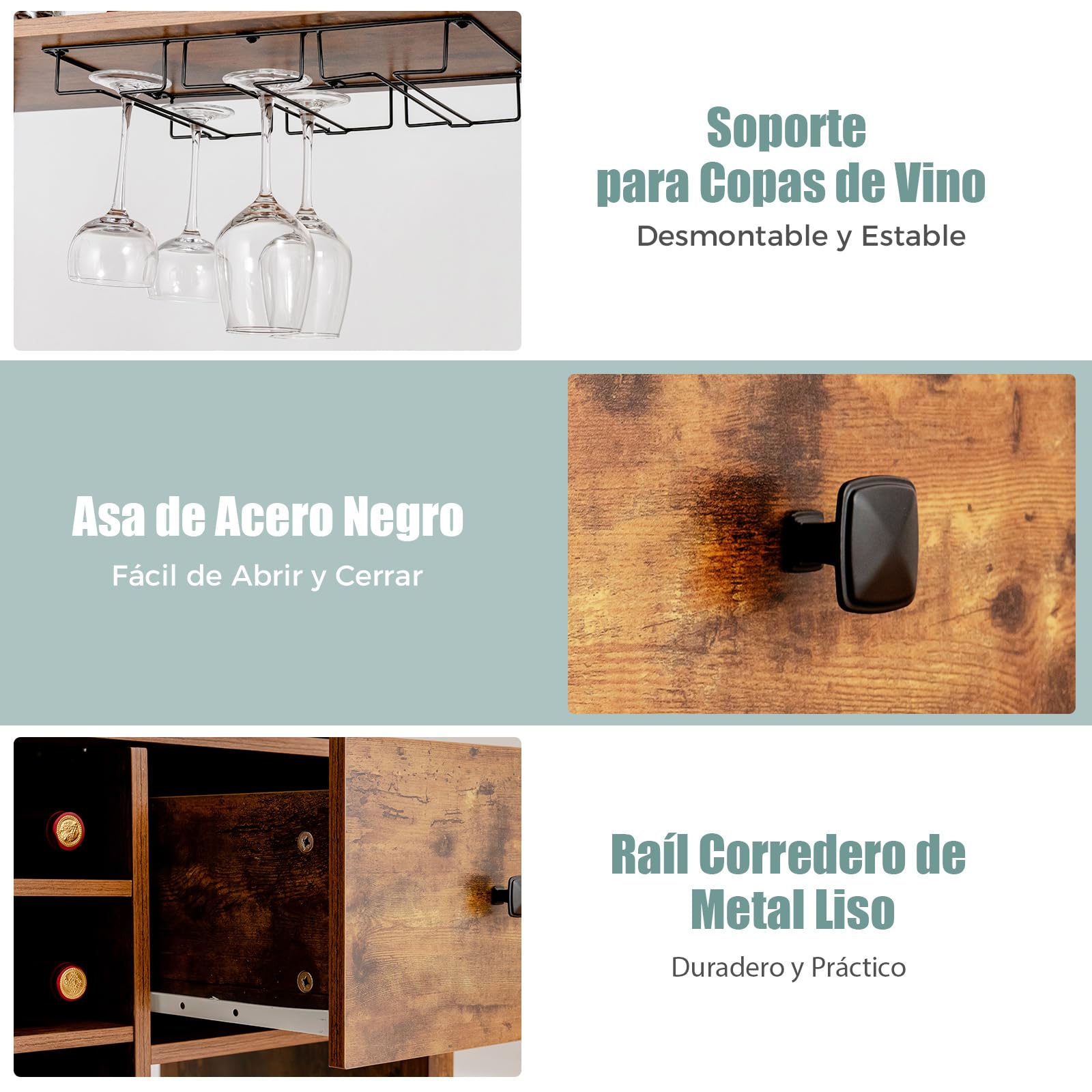 COSTWAY Estantería para Vinos de 4 Niveles, Estante Industrial para Vinos con Botellero para 18 Botellas, Cajón, Soporte para Copa de Vino, Soporte para Microondas para Cocina, Comedor, 78x40x160 cm