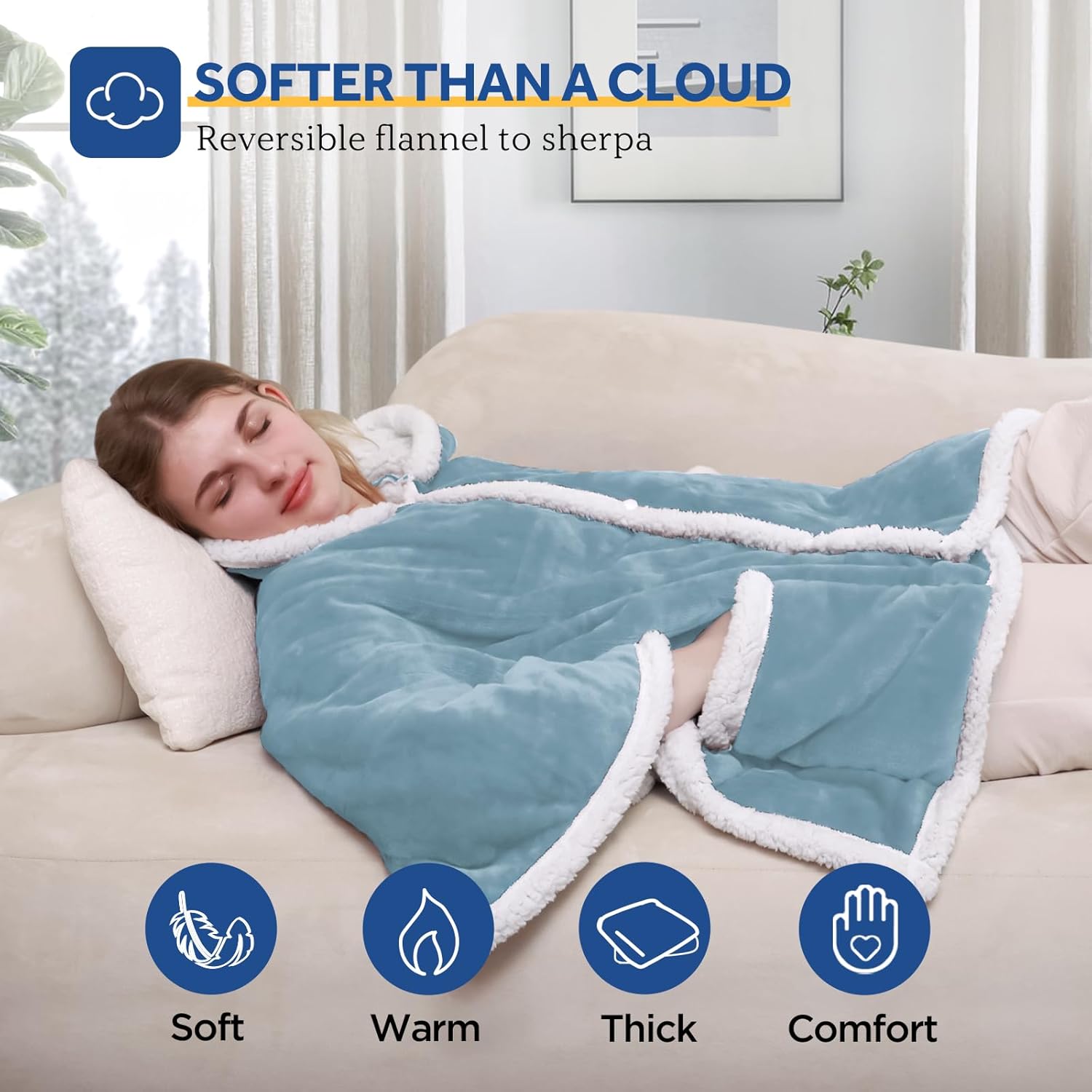 Sealy Heated Throw Wearable Shawl Wrap with Pockets, Reversible Flannel to Sherpa Electric Blanket Hoodie Poncho with 6 Heating Levels & 2-10 Hours Time Settings, 50 X 60 Inch, Light Blue - Image 6