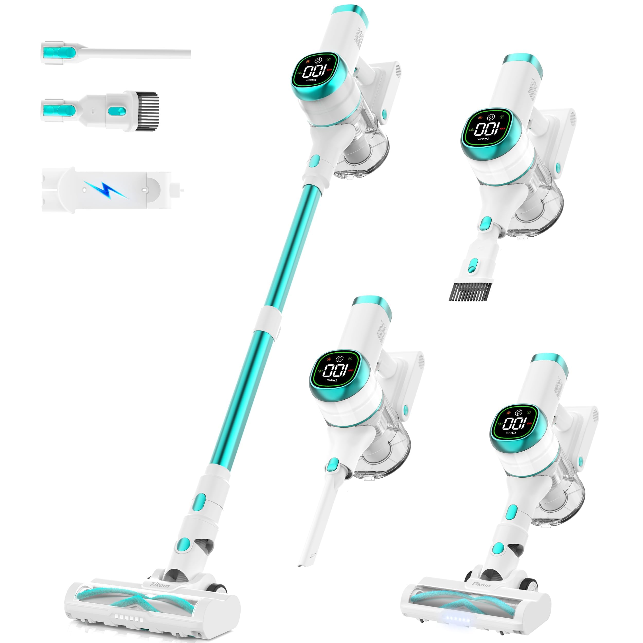 Tikom V500 Cordless Vacuum Cleaner for Home, 40000Pa/450W Stick Vacuum with LED Touch Screen, Charging Wall Dock, Anti-Tangle, Lightweight Handheld Vacuum for Pet Hair, Hard Floor, Carpet, Blue