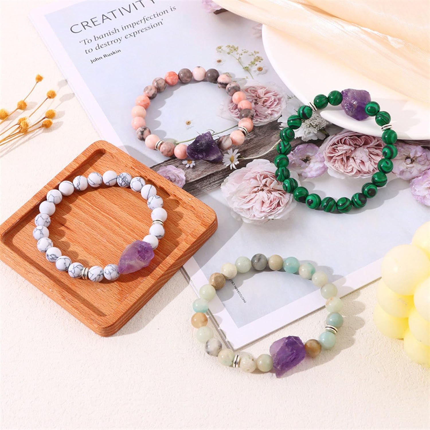 Amethyst Crystal Beaded Bracelet for Women Natural Stone Chakra Bracelets Crystal Healing Chip Stretch Bracelets Reiki Energy Quartz Bracelet Handmade Round Stone Beads Bracelet Jewelry - Image 4