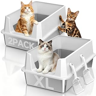2 Pack XL Stainless Steel Litter Box with High Sides Shield for Multi Cat, Extra Large Tall Wall Open Top Deep Metal Pan for Big Cats, Anti-Leak Non-Stick Odor Control, 2 Scoops Included, Gray