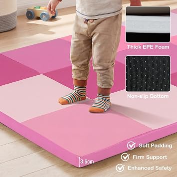 COSTWAY Toddler Play Mat, Foldable Patchwork Baby Floor Mats with Waterproof Surface, 3.5CM Extra Thick Foam Playmat for Playing Crawling (Pink)
