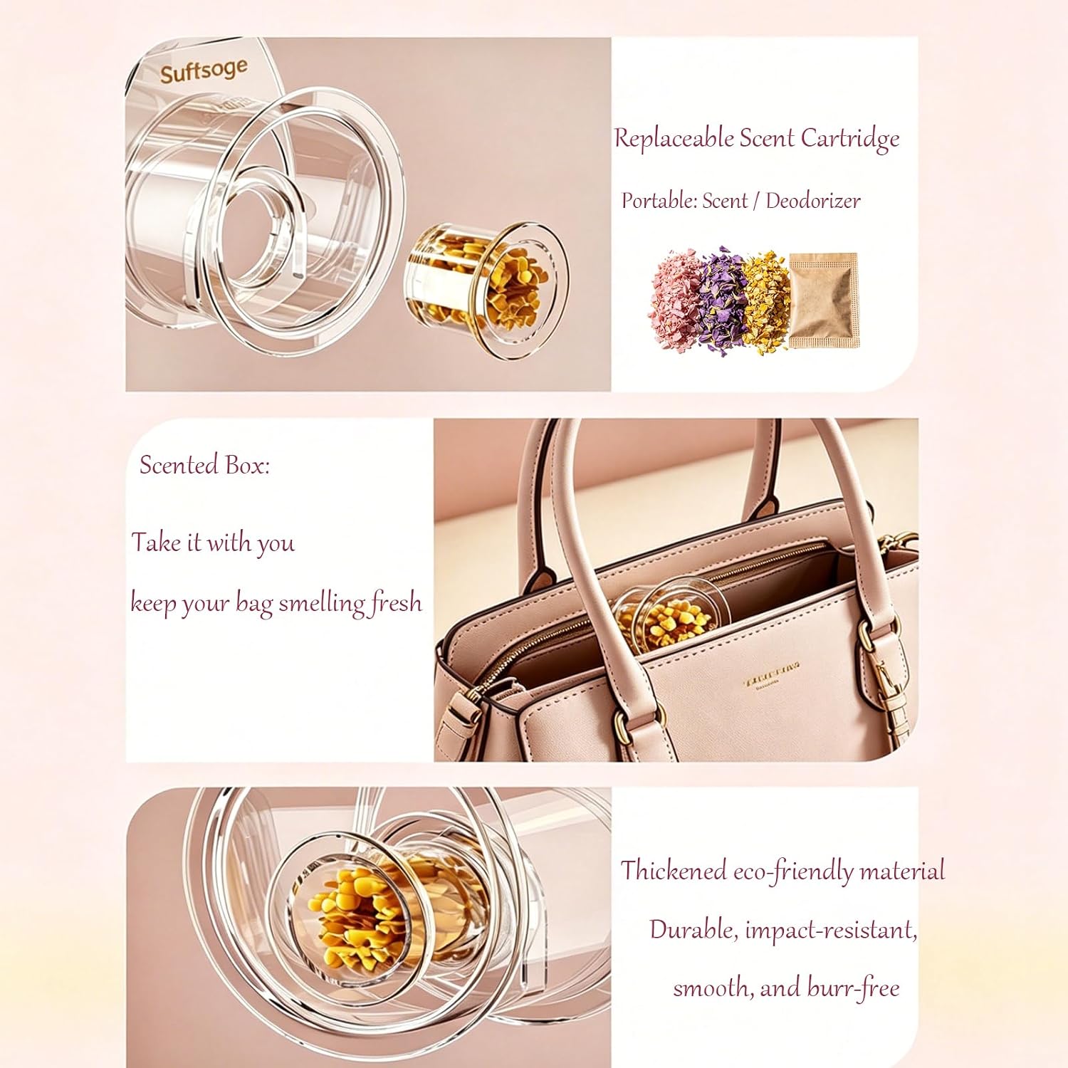 Clear Acrylic Purse Hanger for Closet, 4 Pack Luxury Handbag Hangers with Removable Scent Holder, 360° Rotating Purse Hooks, Extra Wide Groove Fits Most Bag Straps, Purse Organizer for Closet