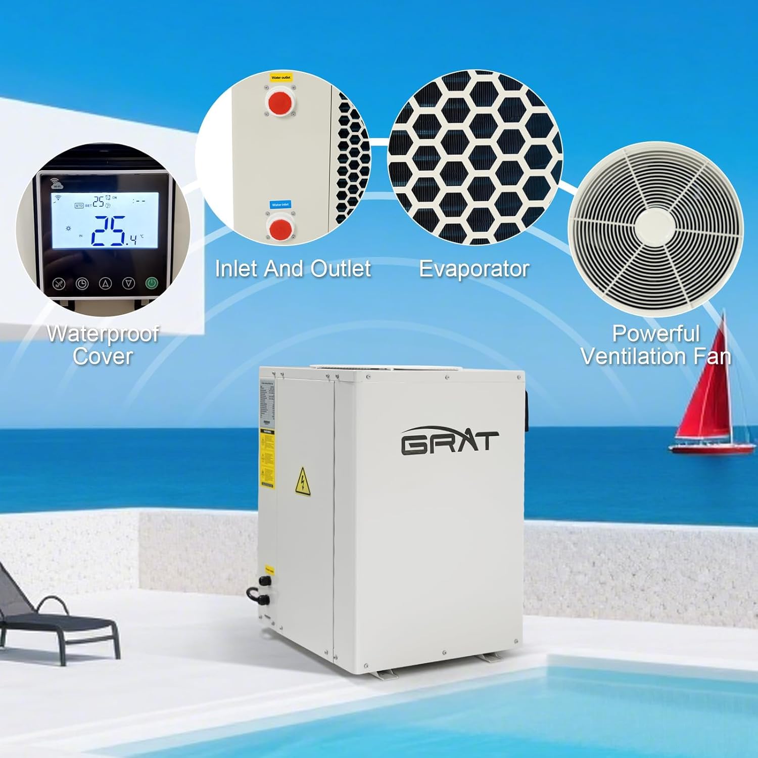 Full Inverter Heat Pump for Hot Tub and Bath, 35,000 BTU Electric Swimming Pool Heater, 8000 Gallons, for Above and In ground Pools, WiFi Capable Timer, Heating and Cooling, Defrosting, 220-240V