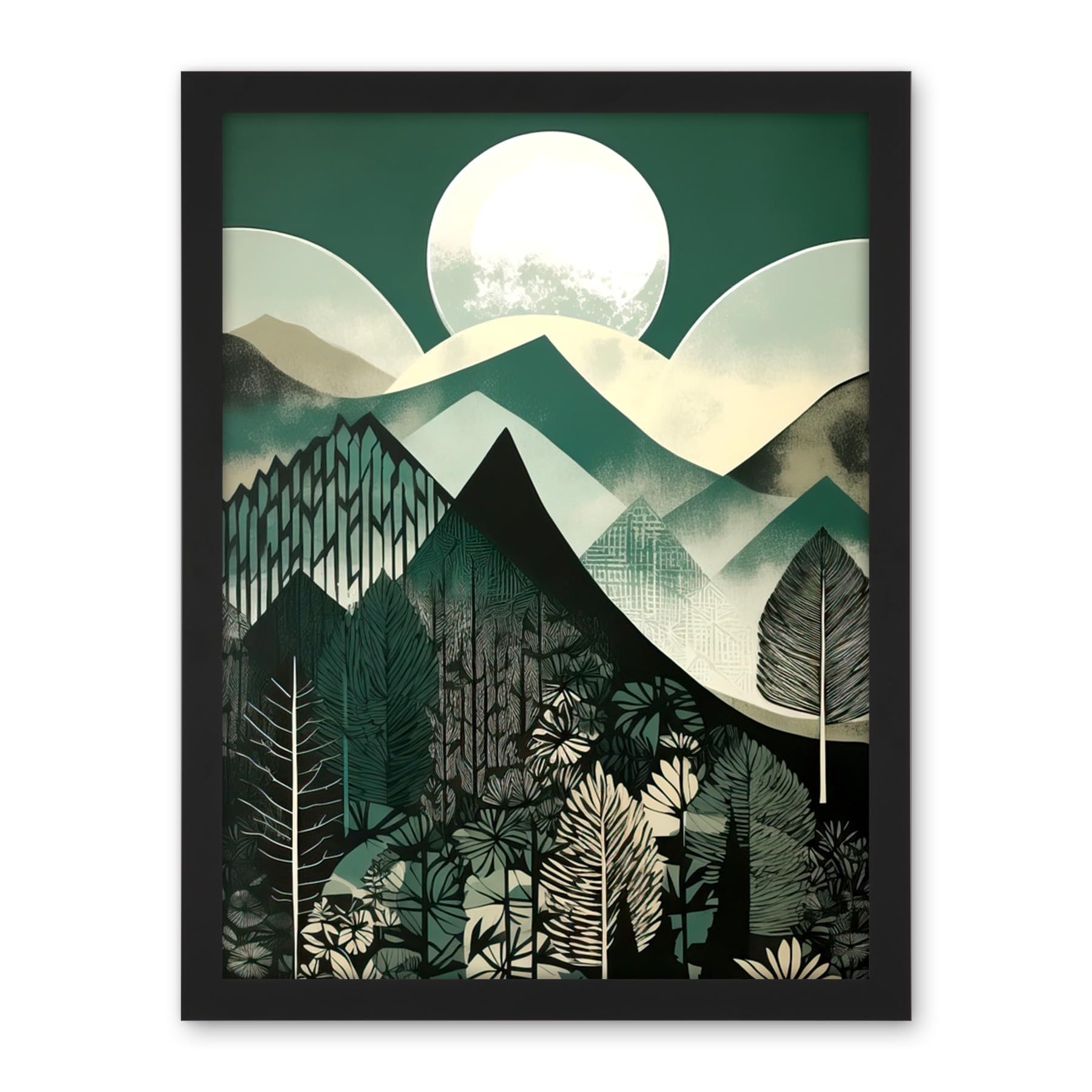 Artery8 Full Moon Over Mountain Forest Linocut Mid Century Sage Green Moonlit Landscape Artwork Framed Wall Art Print 18X24 Inch