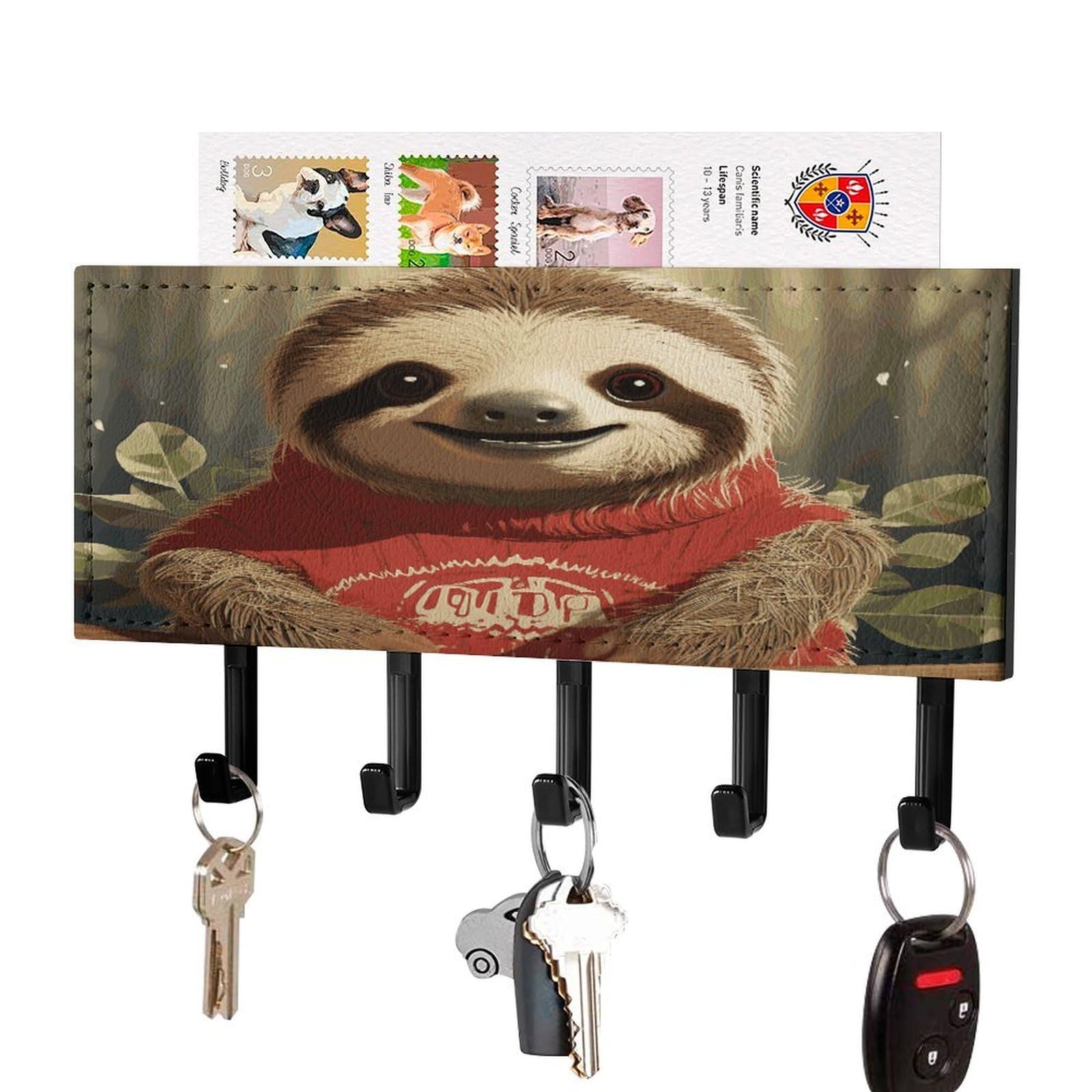 FekiLoot Cartoon Sloth Key Holder for Wall Decorative Mail Organizer with 5 Key Hook Self Adhesive Key Rack with Tray Coat Rack Wall Mount Key Hanger Decor for Entryway Door
