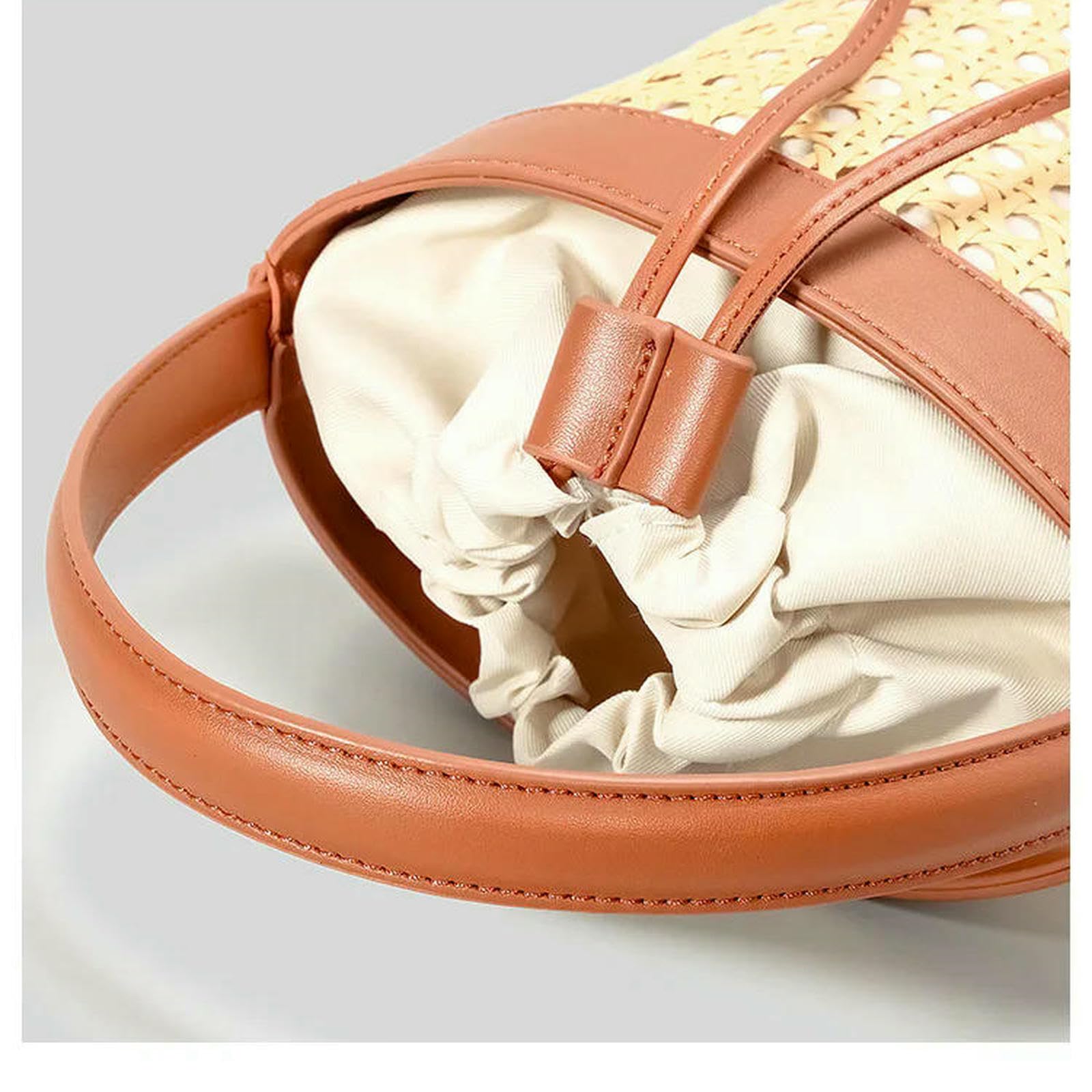 Strohtaschen Damen Shopper Fashion Hollow Eimer Bag Wicker Woven Women Handtaschen Luxus Pu Leder Schulter -Crossbody -Taschen Sommer Beach Bag-braun