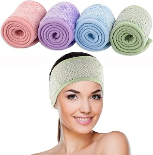 Whaline 4 Pack Spa Facial Headbands - Super Absorbent Adjustable Coral Fleece Hair Bands for Face Wash, Makeup, Shower & Sports (Multi-Color)