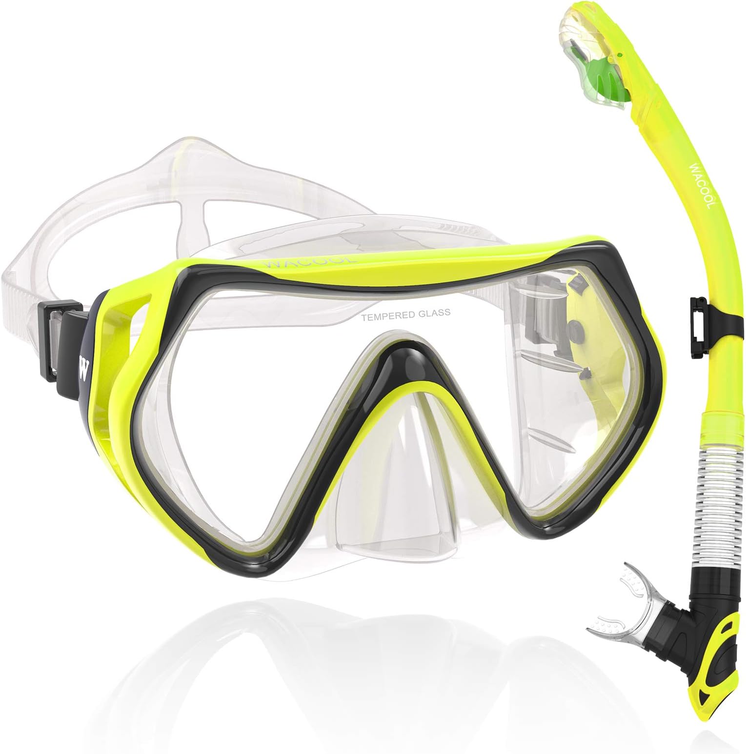 WACOOL Snorkeling Package Set for Adults, Anti-Fog Coated Glass Diving Mask, Snorkel with Silicon Mouth Piece,Purge Valve and Anti-Splash Guard,100% (Blue)