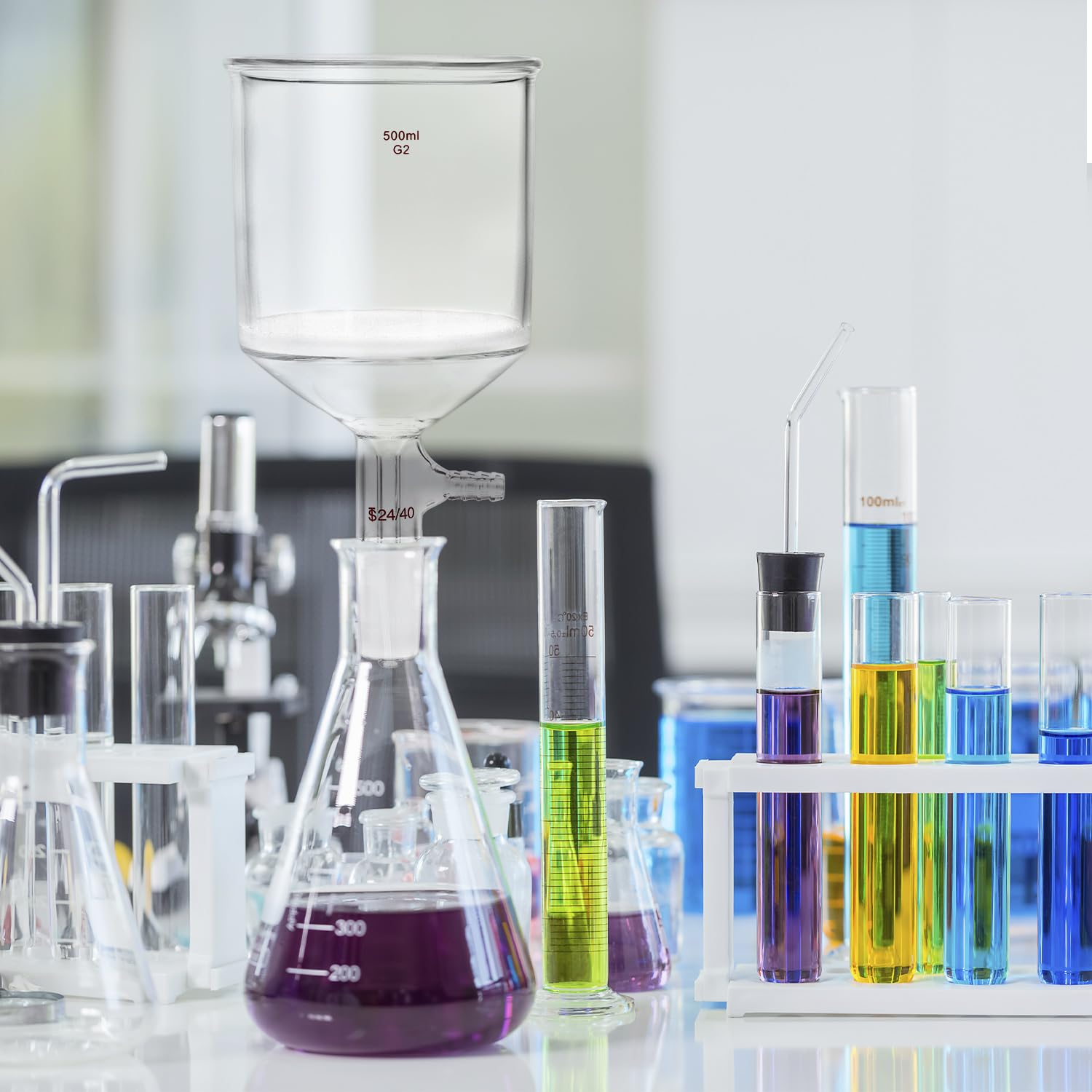 QWORK Imbuto filtrante Buchner in vetro borosilicato da 500 ml con fritta media (G2), giunto interno conico standard 24/40 e 100 filtri di carta da 93 mm