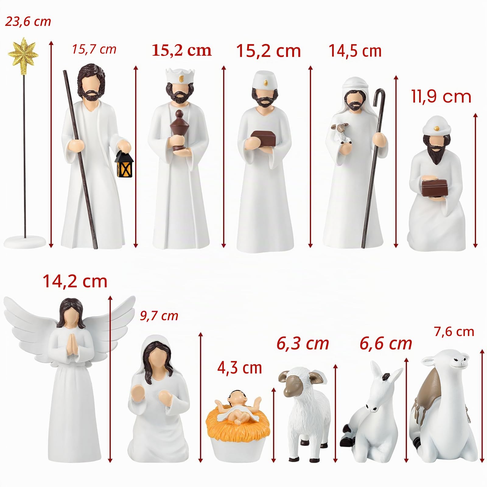 Crèche de Noël élégante pour décorations de Table, 12 pièces, 16,5 cm, crèche de Noël en résine, Statue Sainte Famille (Blanc)