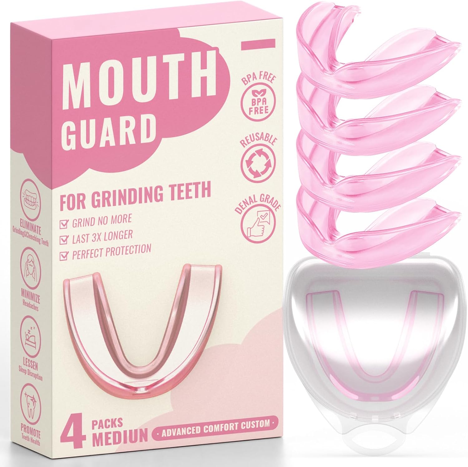 Pink Mouth Guard for Women, 4 Pack Medium Size